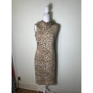 J. McLaughlin Brown Cheetah Print Sleeveless Cowl Neck Midi Sheath Dress Sz XS